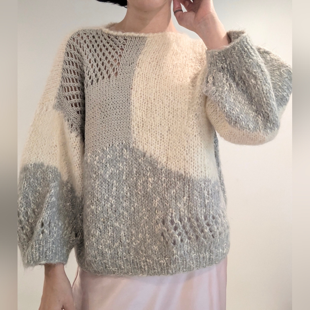 Large vintage mohair hand knit sweater mauve and ivory retro sweater womens - Picture 3 of 8